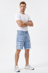 Men's Light Blue Frayed Hem Patchwork Denim Shorts
