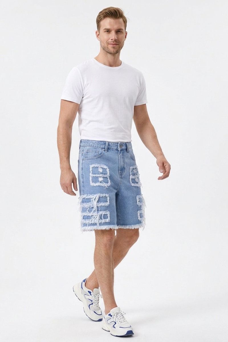 Men's Light Blue Frayed Hem Patchwork Denim Shorts