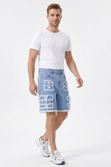 Men's Light Blue Frayed Hem Patchwork Denim Shorts