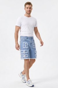 Men's Light Blue Frayed Hem Patchwork Denim Shorts