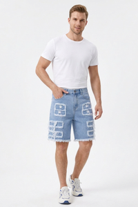 Men's Light Blue Frayed Hem Patchwork Denim Shorts