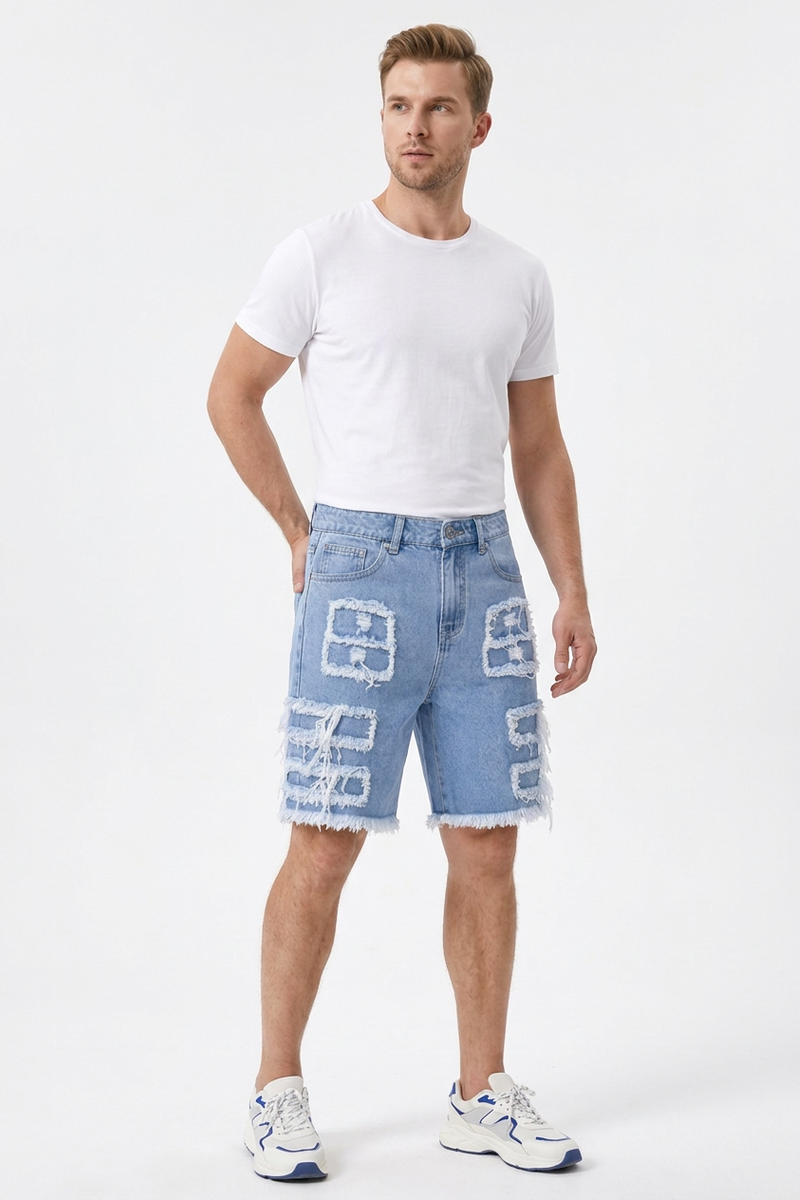 Men's Light Blue Frayed Hem Patchwork Denim Shorts