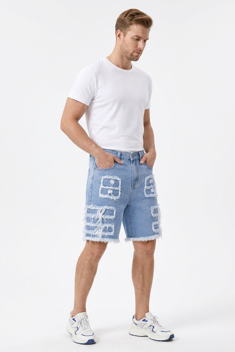 Men's Light Blue Frayed Hem Patchwork Denim Shorts