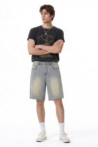 Men's Relaxed Fit Frayed Hem Stretch Denim Shorts