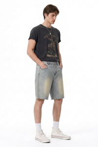 Men's Relaxed Fit Frayed Hem Stretch Denim Shorts