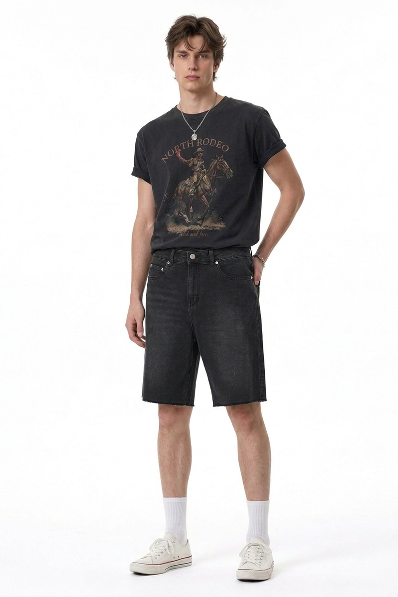 Men's Relaxed Fit Frayed Hem Stretch Denim Shorts
