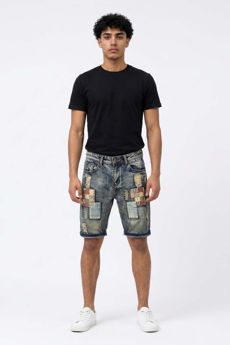 Men's Summer Vintage Patchwork Color Block Denim Shorts