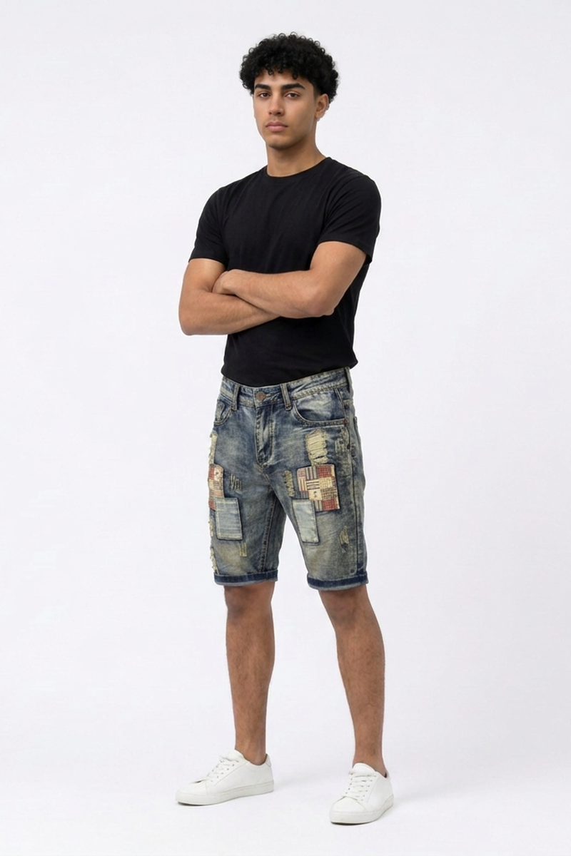 Men's Summer Vintage Patchwork Color Block Denim Shorts