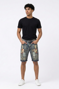 Men's Summer Vintage Patchwork Color Block Denim Shorts