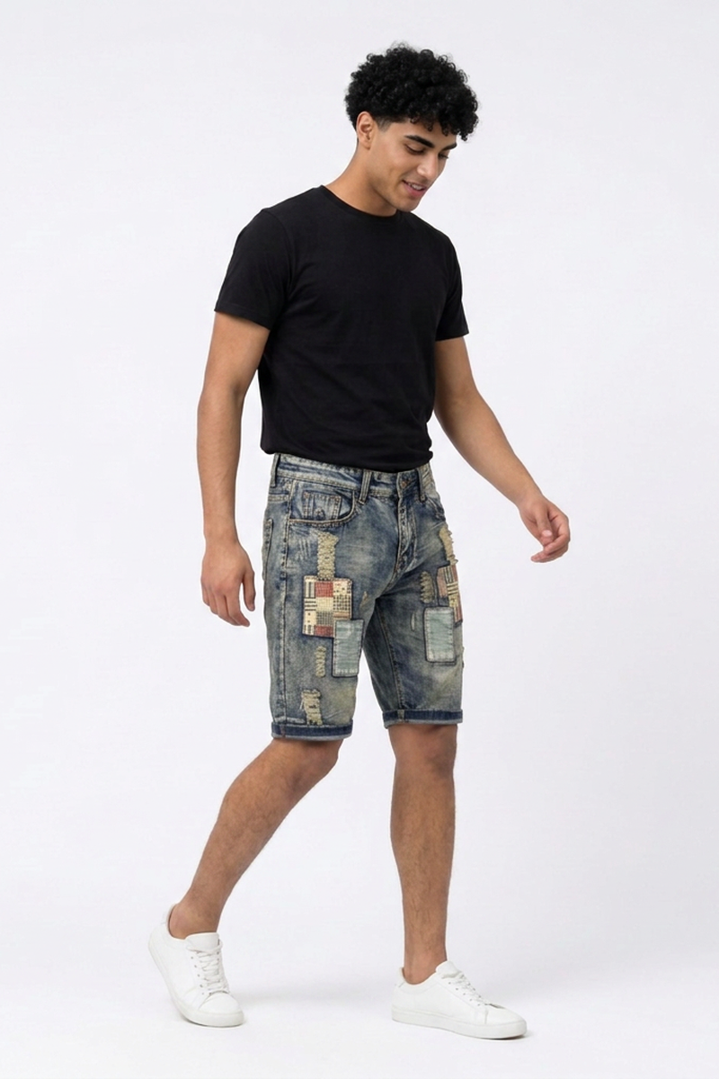 Men's Summer Vintage Patchwork Color Block Denim Shorts