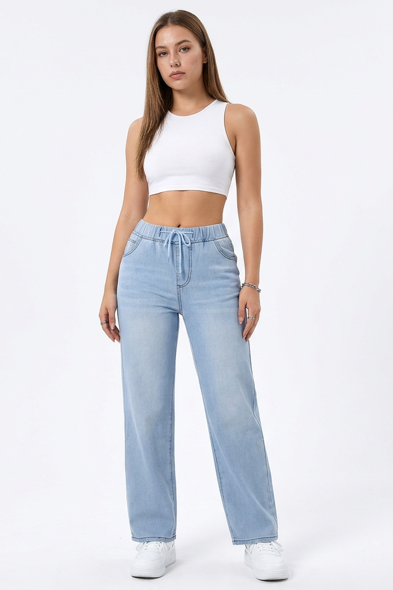 Women's Drawstring Elastic Waist Straight-Leg Jeans