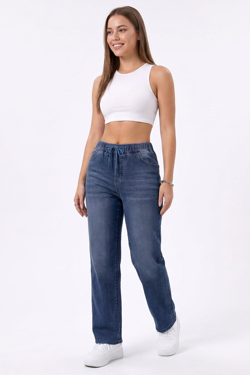 Women's Drawstring Elastic Waist Straight-Leg Jeans