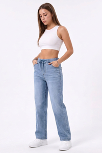 Women's Drawstring Elastic Waist Straight-Leg Jeans