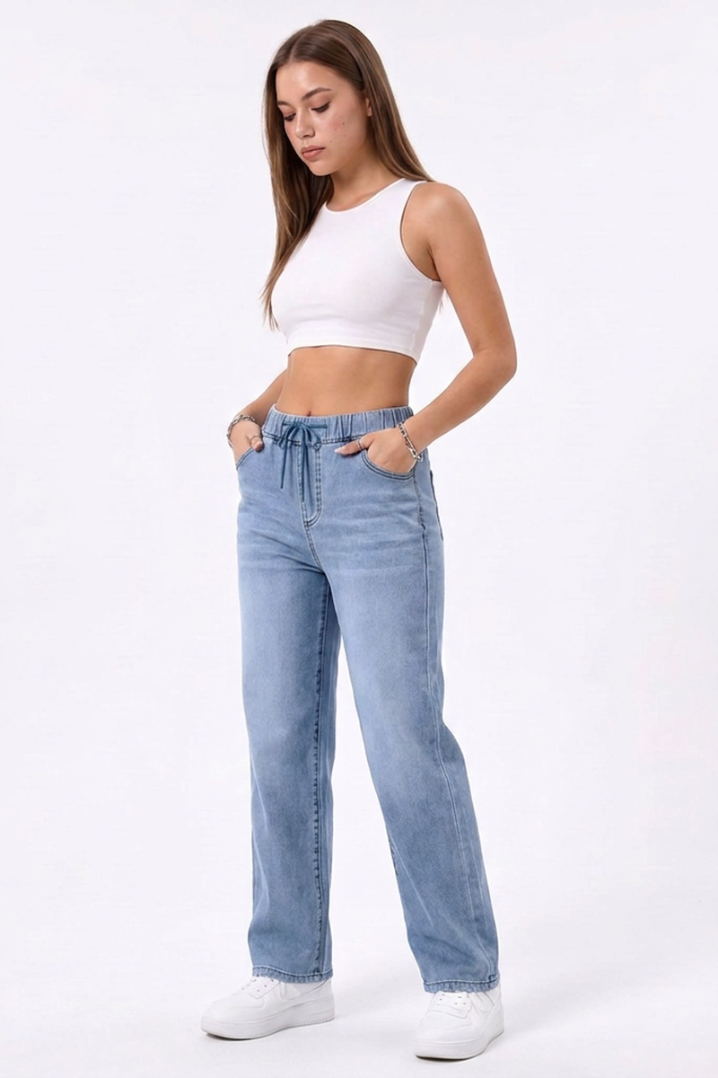 Women's Drawstring Elastic Waist Straight-Leg Jeans