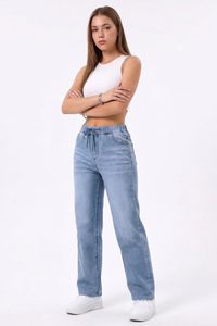 Women's Drawstring Elastic Waist Straight-Leg Jeans
