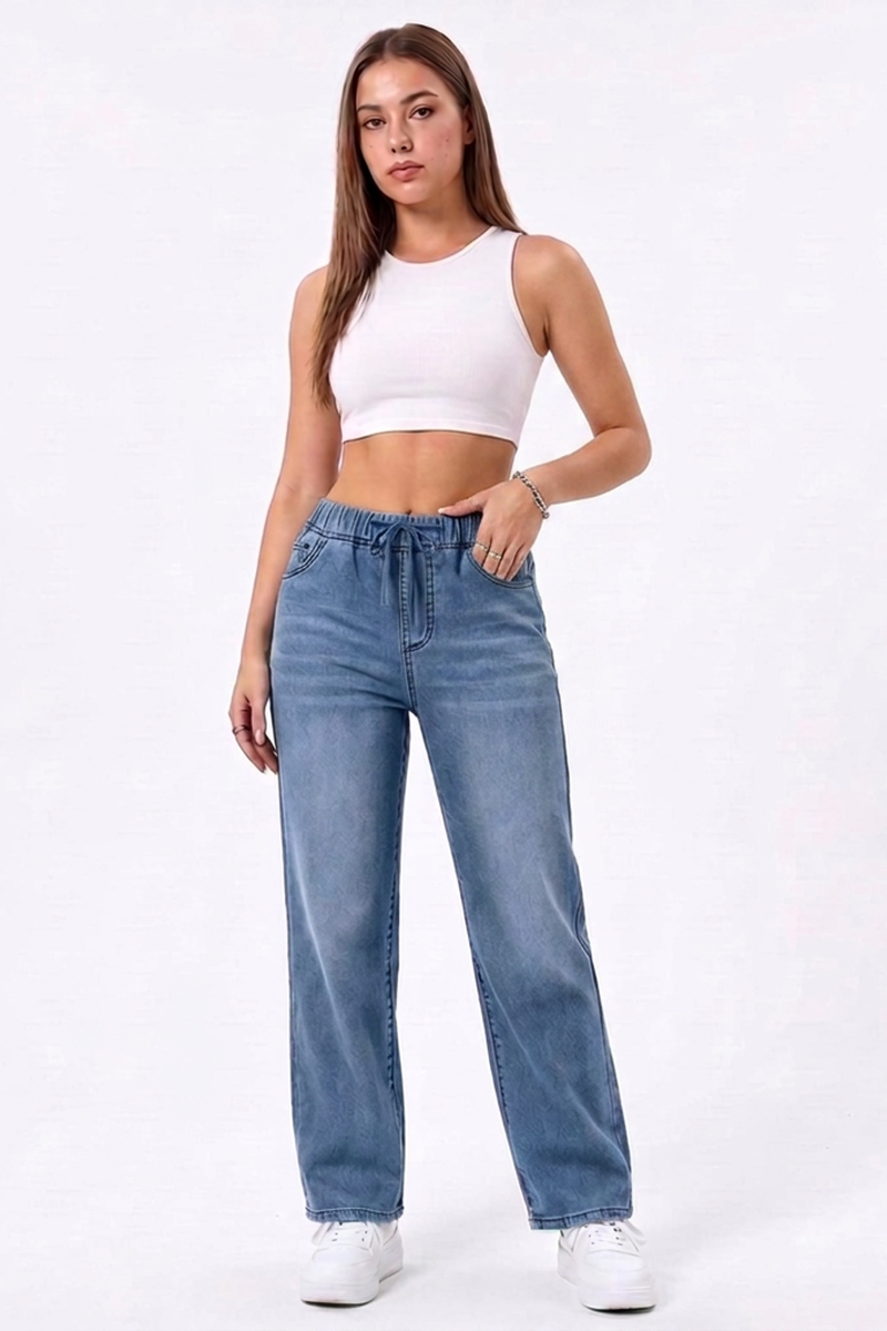 Women's Drawstring Elastic Waist Straight-Leg Jeans