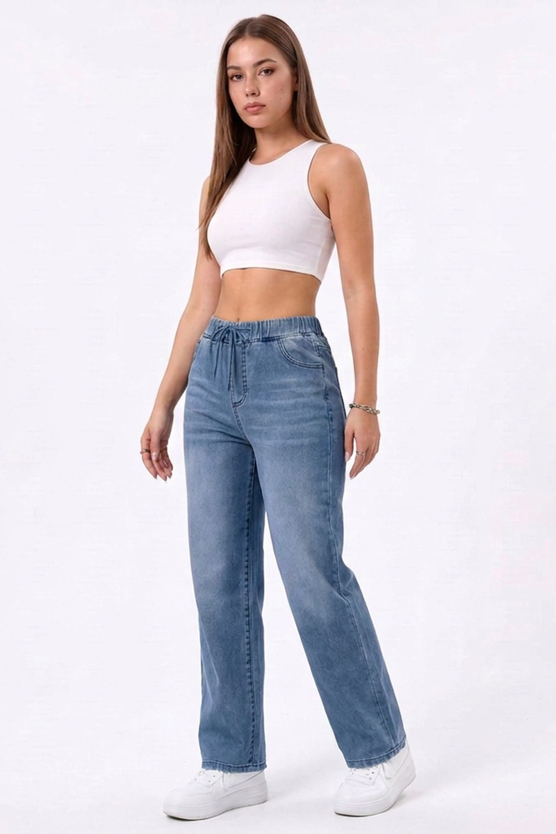 Women's Drawstring Elastic Waist Straight-Leg Jeans