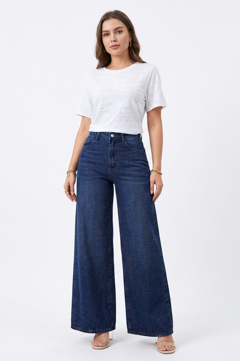 Women's Fall Washed Denim Relaxed Wide-Leg Jeans