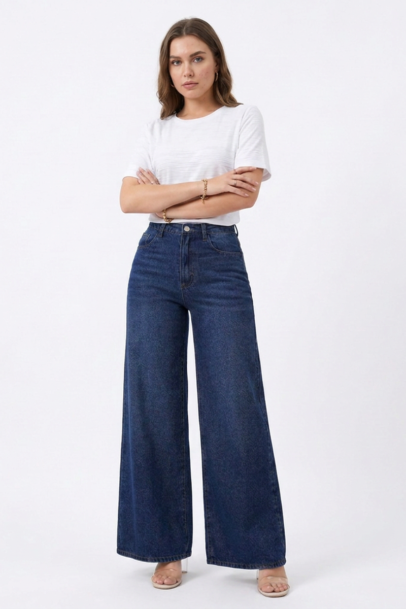 Women's Fall Washed Denim Relaxed Wide-Leg Jeans
