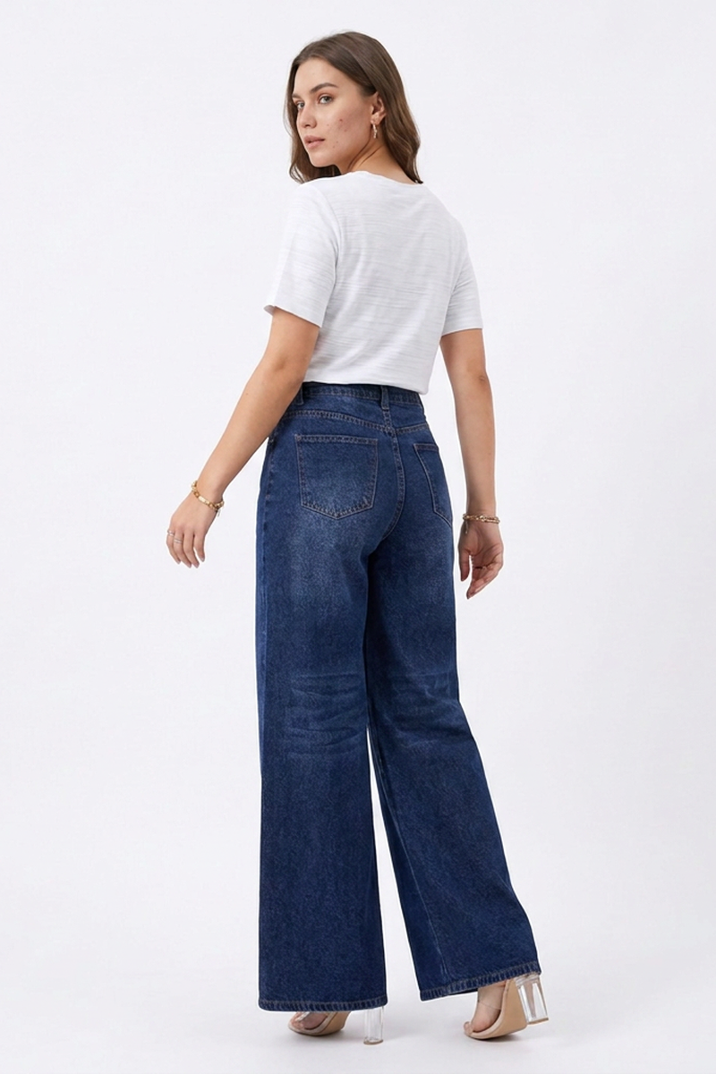 Women's Fall Washed Denim Relaxed Wide-Leg Jeans