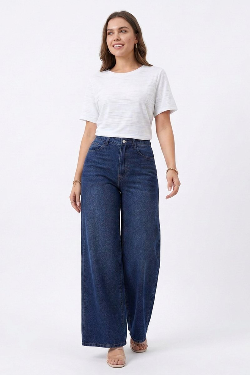 Women's Fall Washed Denim Relaxed Wide-Leg Jeans