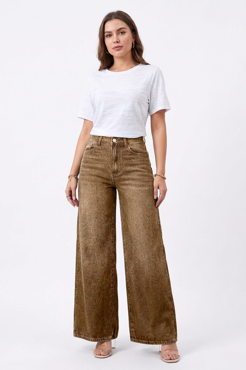 Women's Fall Washed Denim Relaxed Wide-Leg Jeans