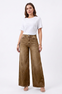 Women's Fall Washed Denim Relaxed Wide-Leg Jeans