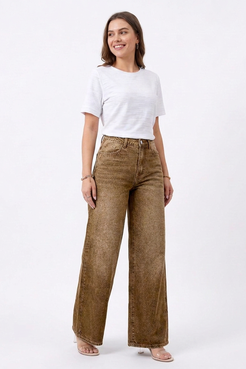 Women's Fall Washed Denim Relaxed Wide-Leg Jeans