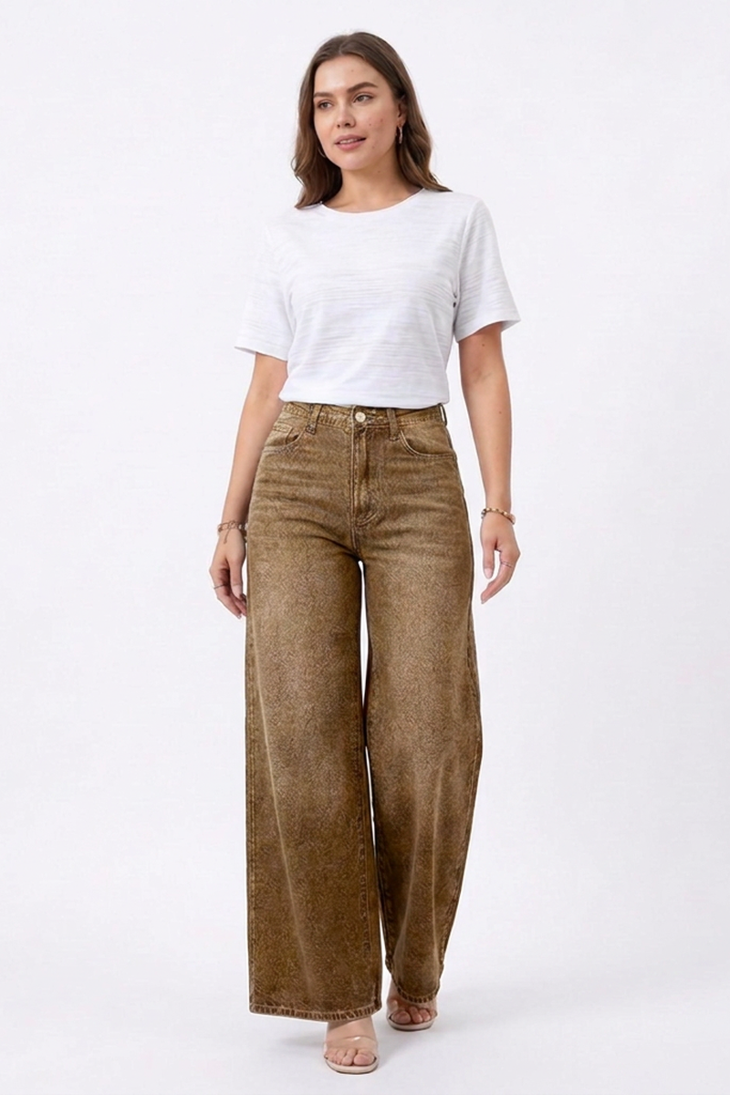 Women's Fall Washed Denim Relaxed Wide-Leg Jeans