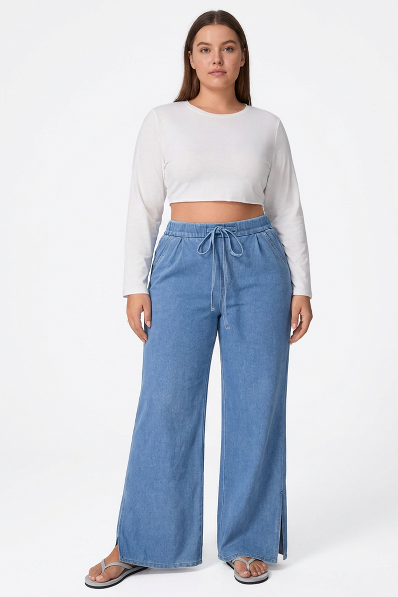 Women's Fall Drawstring Side Slits Wide-Leg Jeans