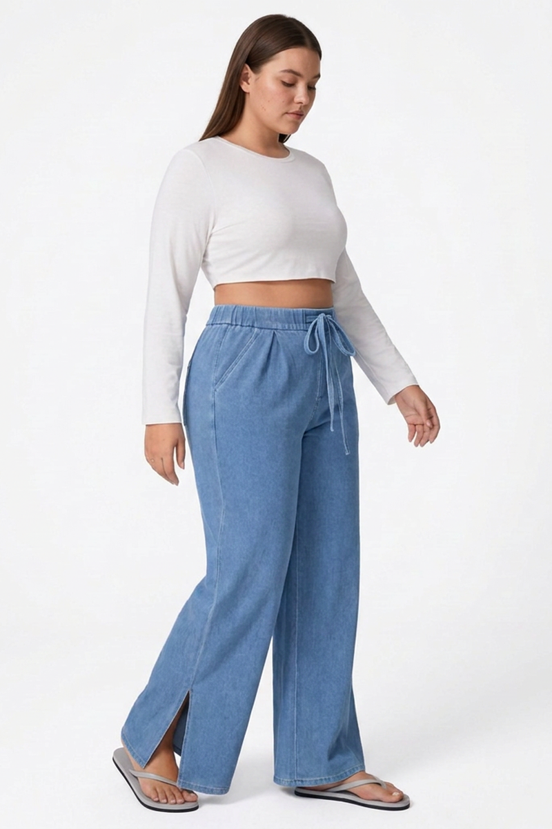 Women's Fall Drawstring Side Slits Wide-Leg Jeans