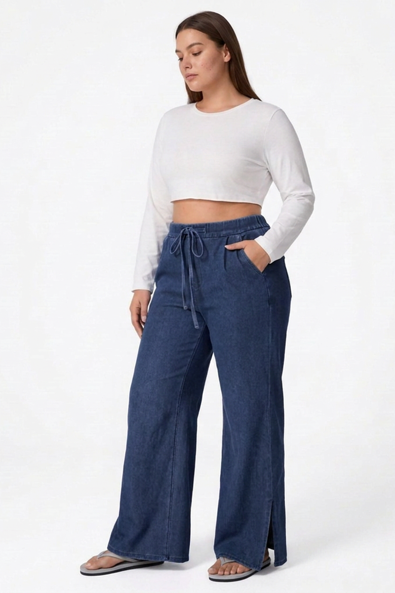 Women's Fall Drawstring Side Slits Wide-Leg Jeans