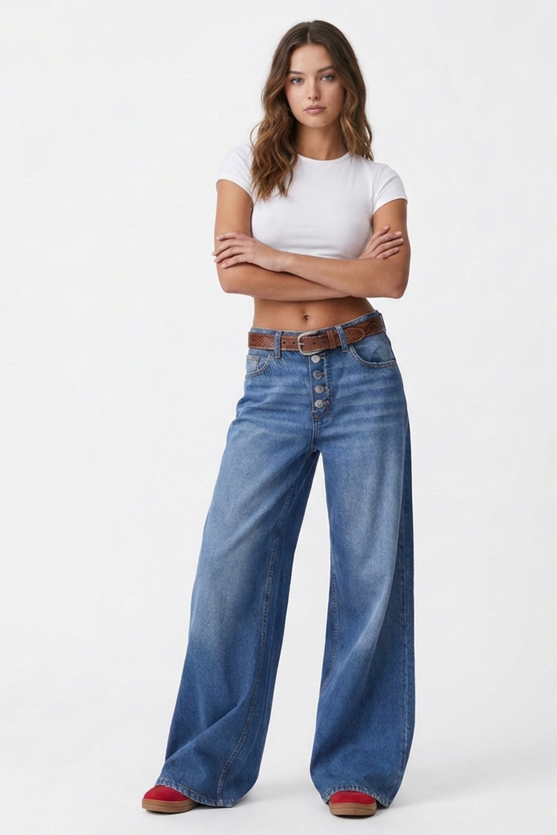 Women's Fall High-Waisted Ombre Button Fly Wide-Leg Jeans