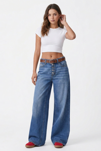 Women's Fall High-Waisted Ombre Button Fly Wide-Leg Jeans