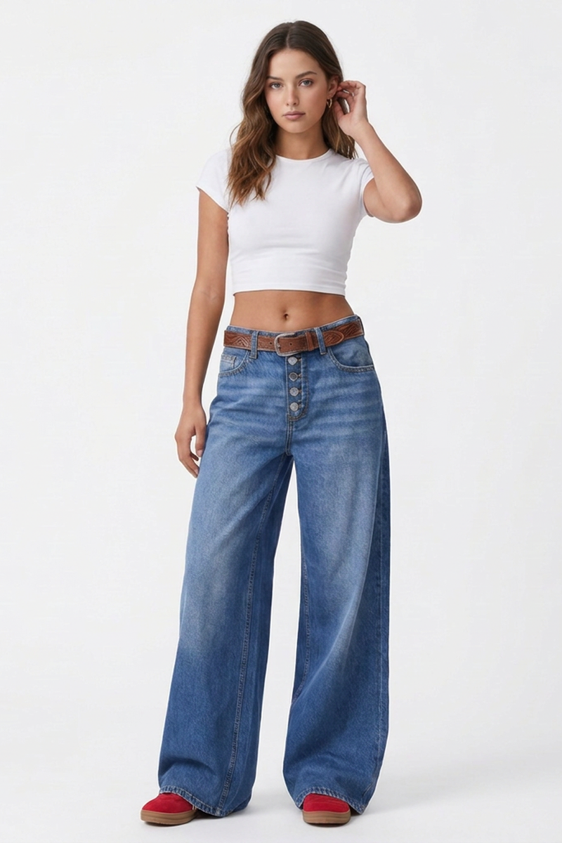 Women's Fall High-Waisted Ombre Button Fly Wide-Leg Jeans