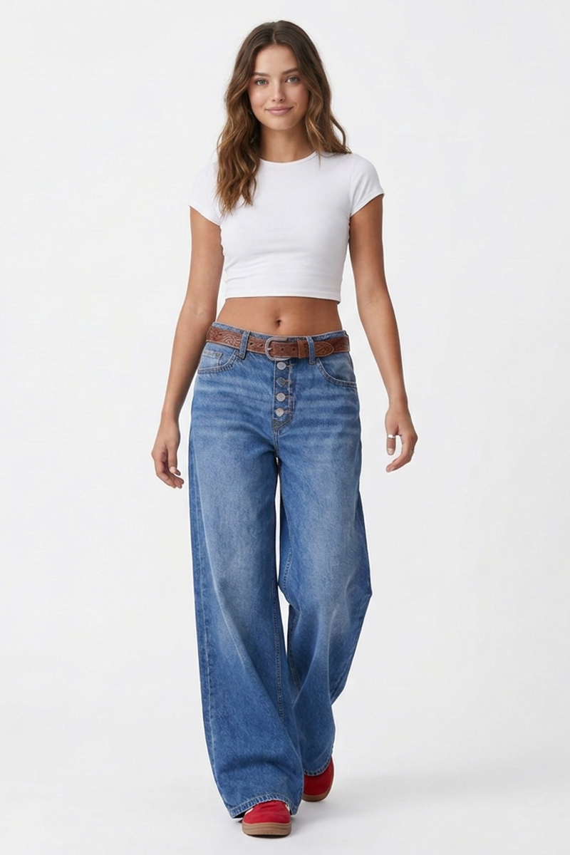 Women's Fall High-Waisted Ombre Button Fly Wide-Leg Jeans