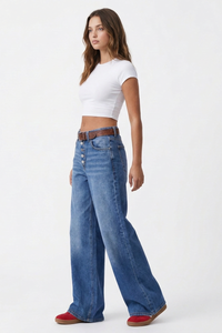 Women's Fall High-Waisted Ombre Button Fly Wide-Leg Jeans