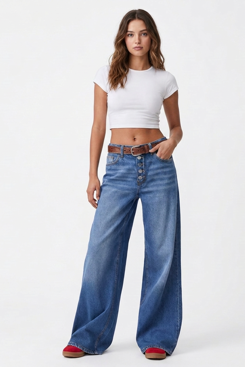 Women's Fall High-Waisted Ombre Button Fly Wide-Leg Jeans