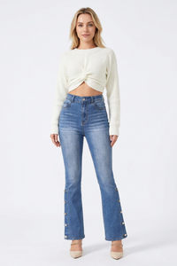 Women's High-Waisted Side-Button Flare Jeans