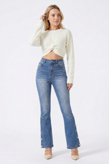 Women's High-Waisted Side-Button Flare Jeans