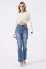 Women's High-Waisted Side-Button Flare Jeans