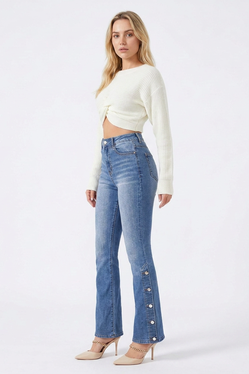 Women's High-Waisted Side-Button Flare Jeans