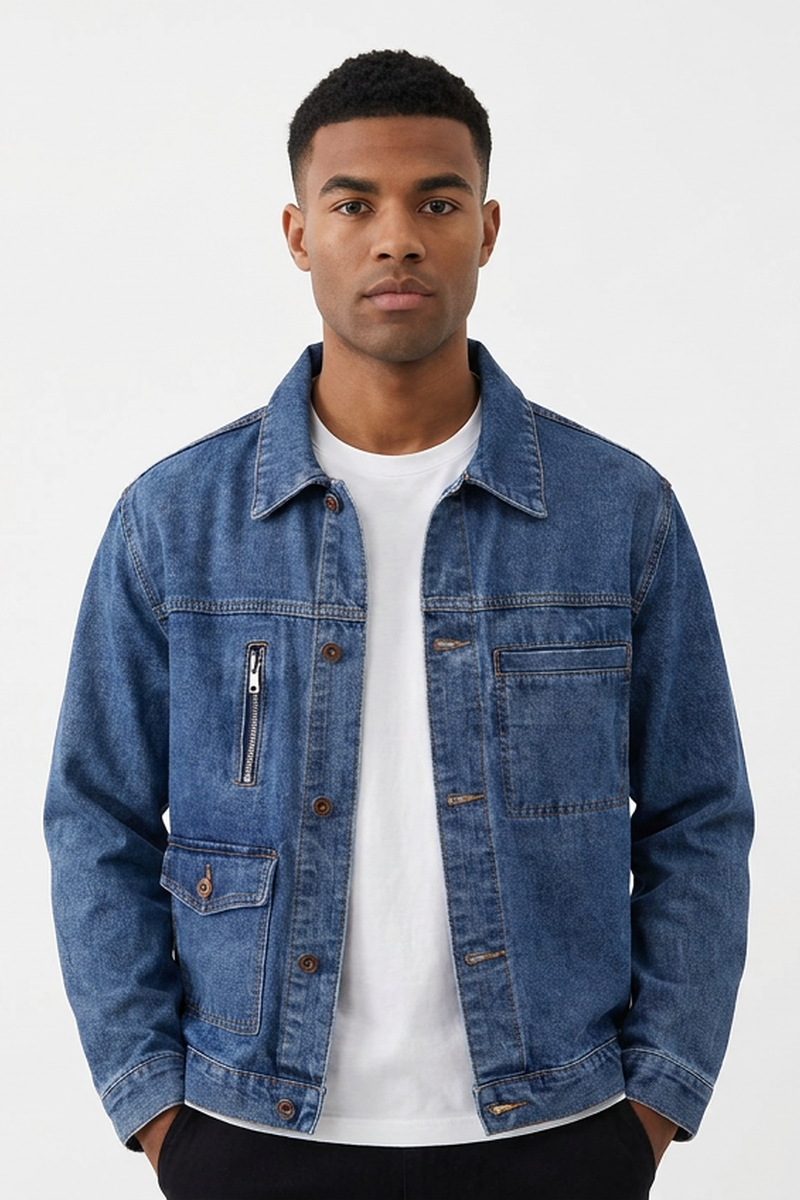 Men's Classic Blue Button-Front Multi-Pocket Denim Jacket