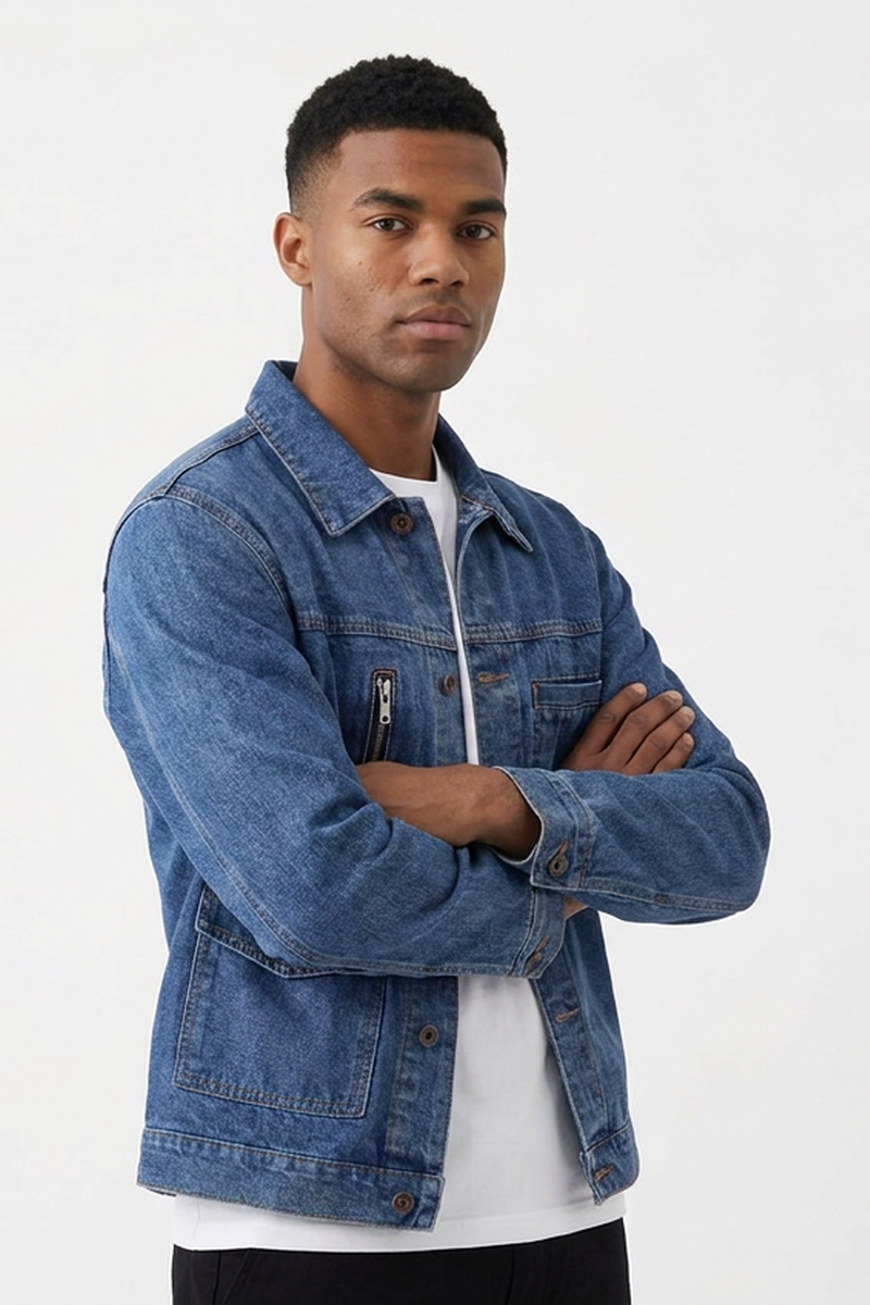Men's Classic Blue Button-Front Multi-Pocket Denim Jacket