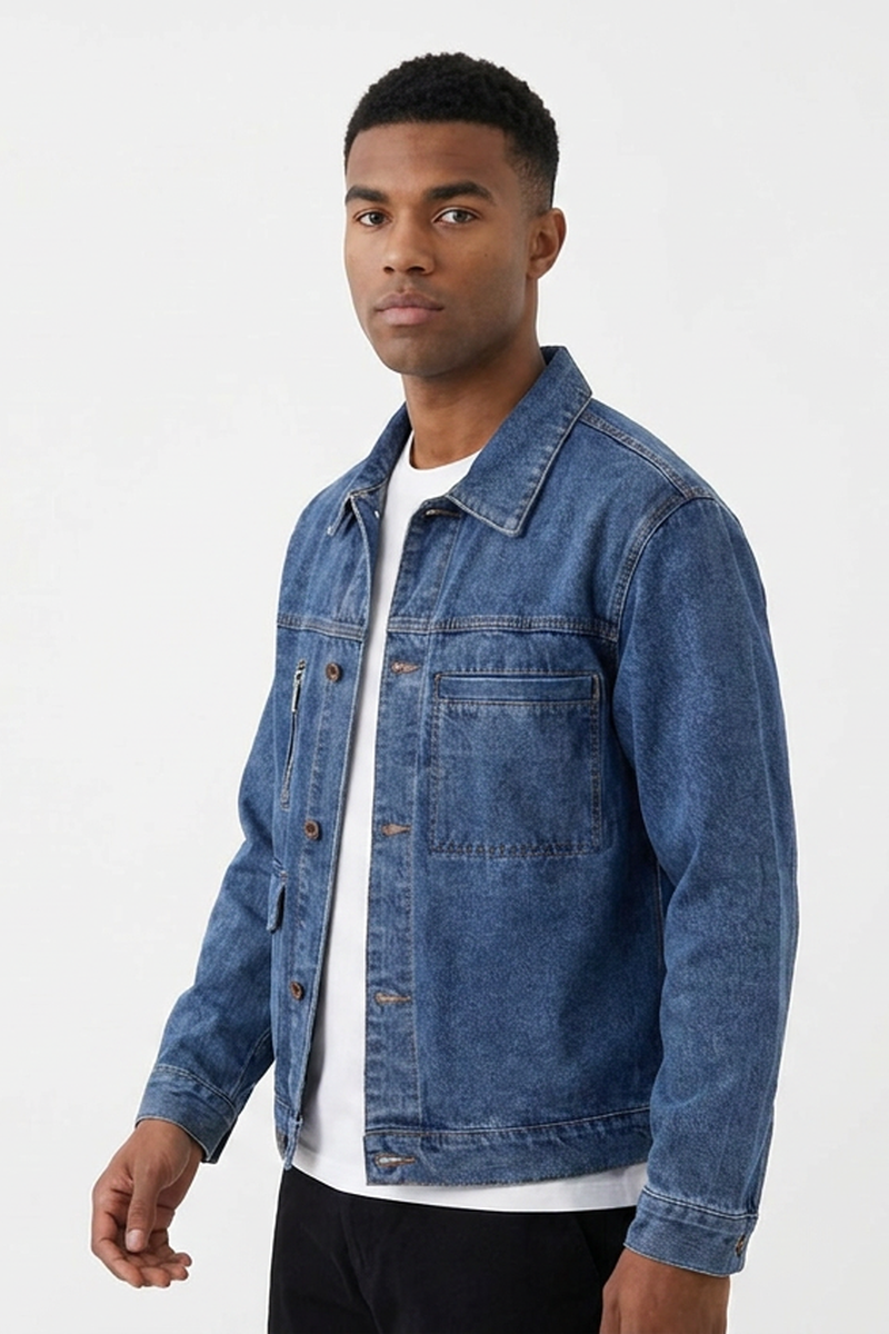 Men's Classic Blue Button-Front Multi-Pocket Denim Jacket