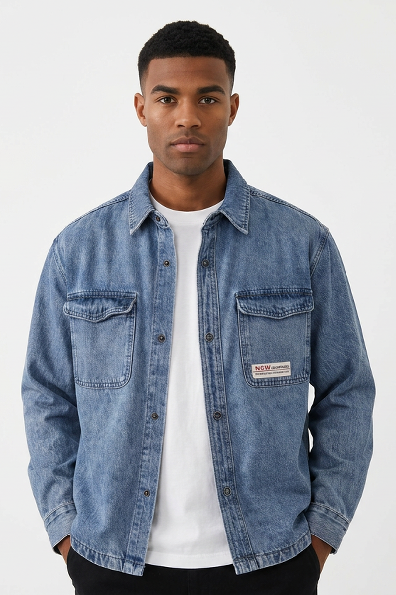 Men's Washed Denim Shirt with Dual Flap Pockets