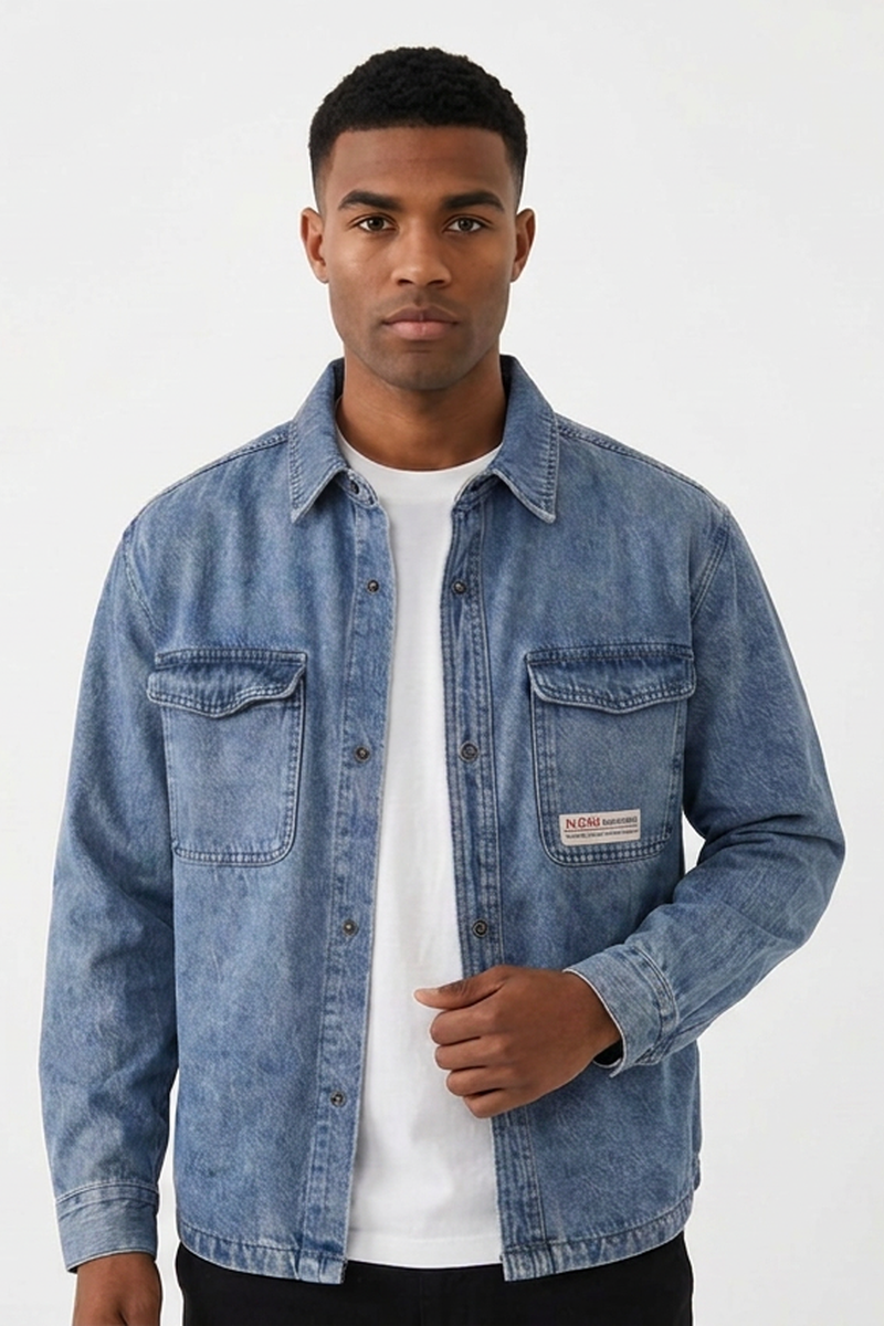 Men's Washed Denim Shirt with Dual Flap Pockets