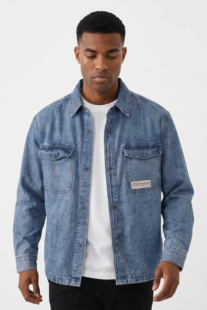 Men's Washed Denim Shirt with Dual Flap Pockets