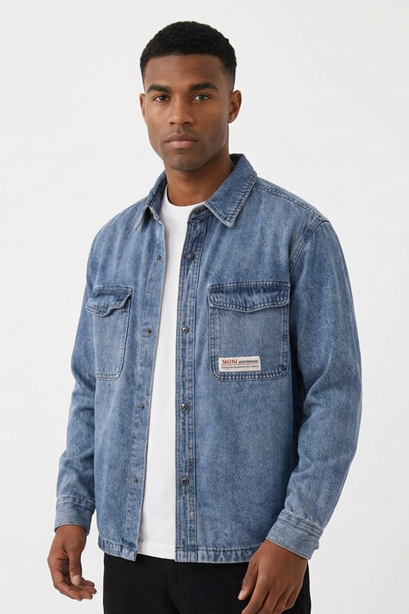 Men's Washed Denim Shirt with Dual Flap Pockets