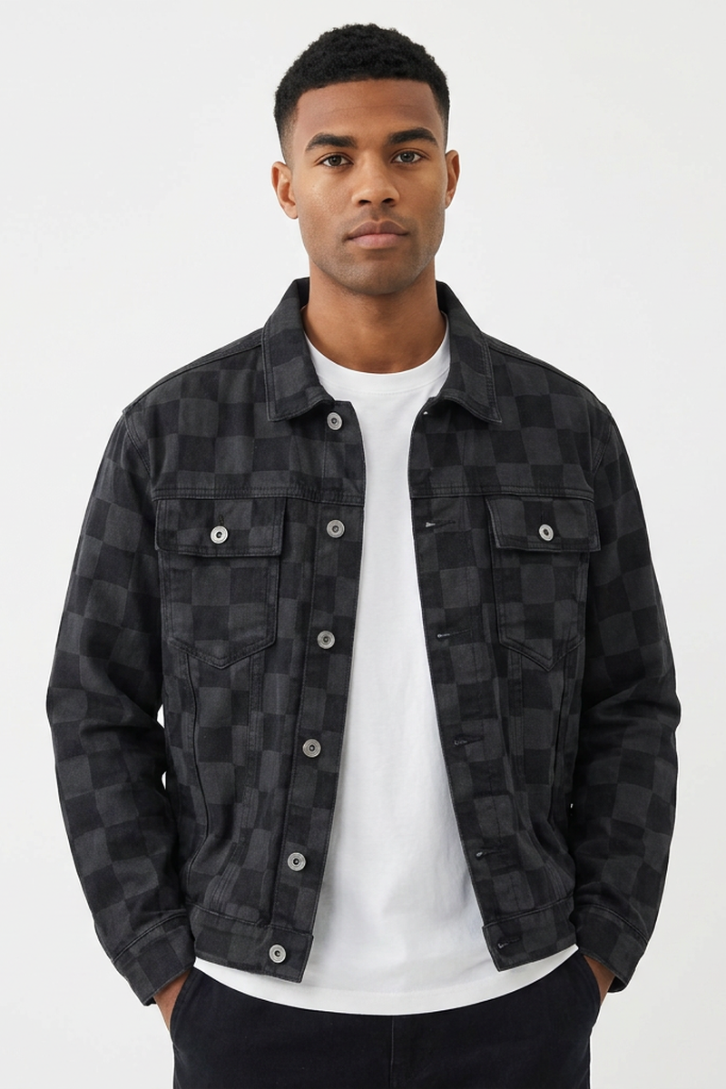 Men's Black Checkered Button-Front Loungewear Denim Jacket